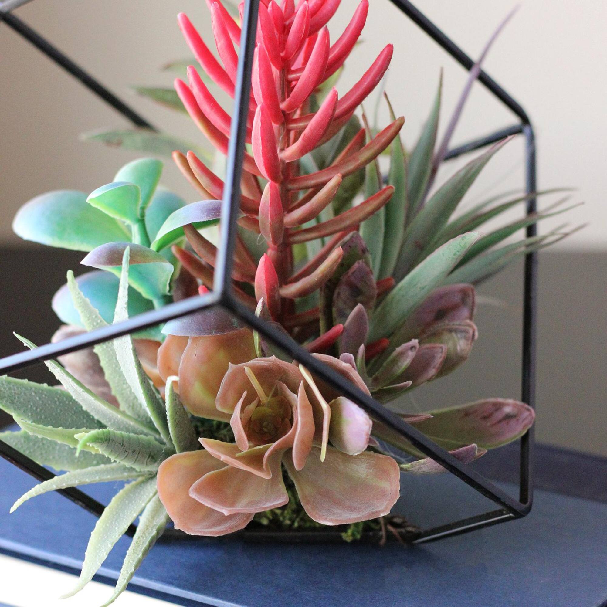 7" Green Artificial Succulent Arrangement in Offset Metal Wire Frame